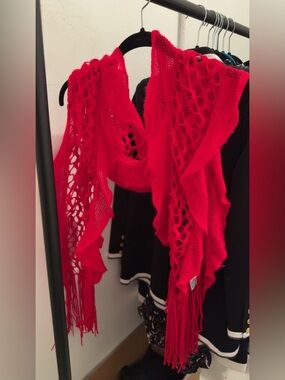 pashmina Bright Red Openwork Fringe Knit Scarf